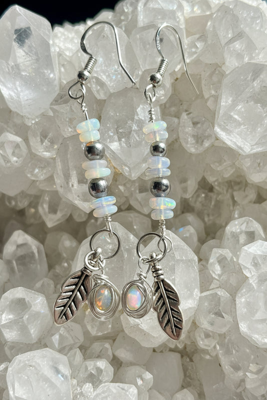 Opal and feather silver earrings