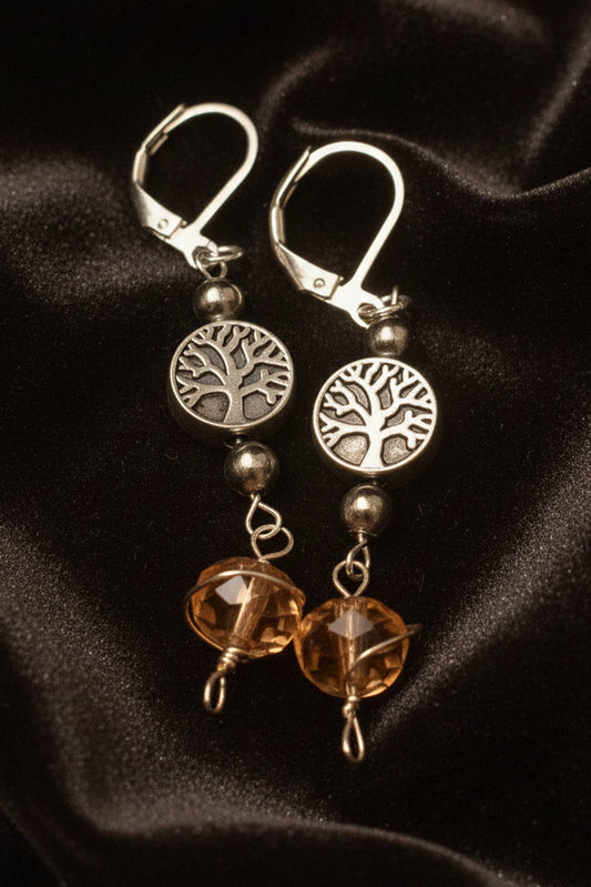 Rose quartz and tree of life silver earrings