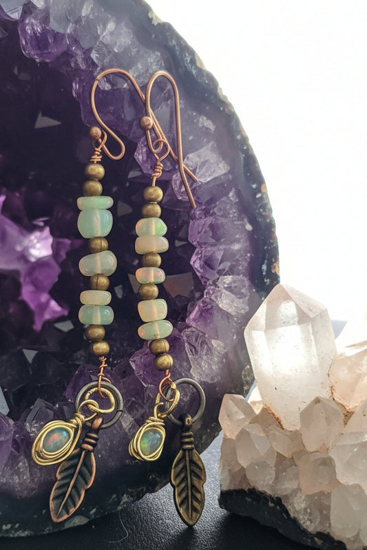 Opal and feather copper earrings