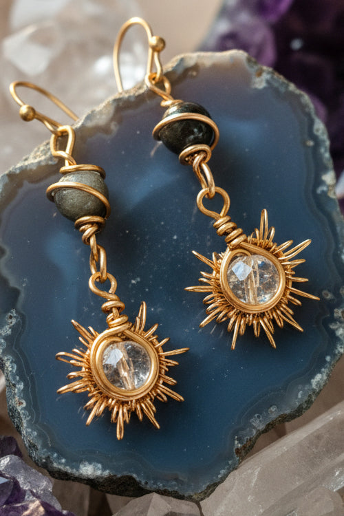 Crushed quartz and golden obsidian sun burst earrings ✨️