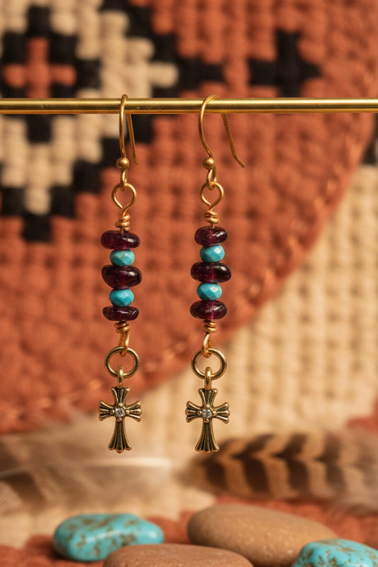 Garnet and turquoise earrings with a cross dangle charm ✨️