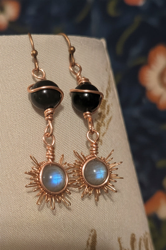 Labradorite and gold sheen obsidian copper earrings ✨️
