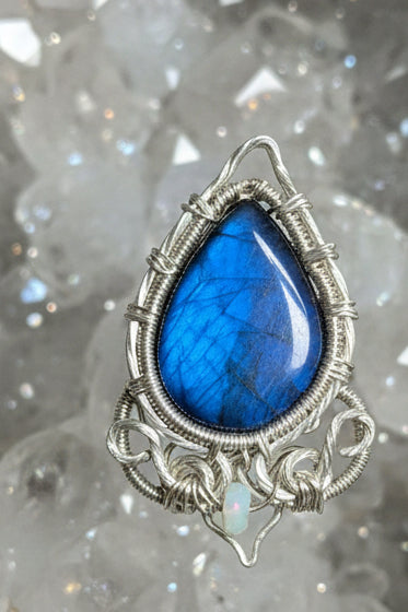 Labradorite and opal silver wrapped pendant