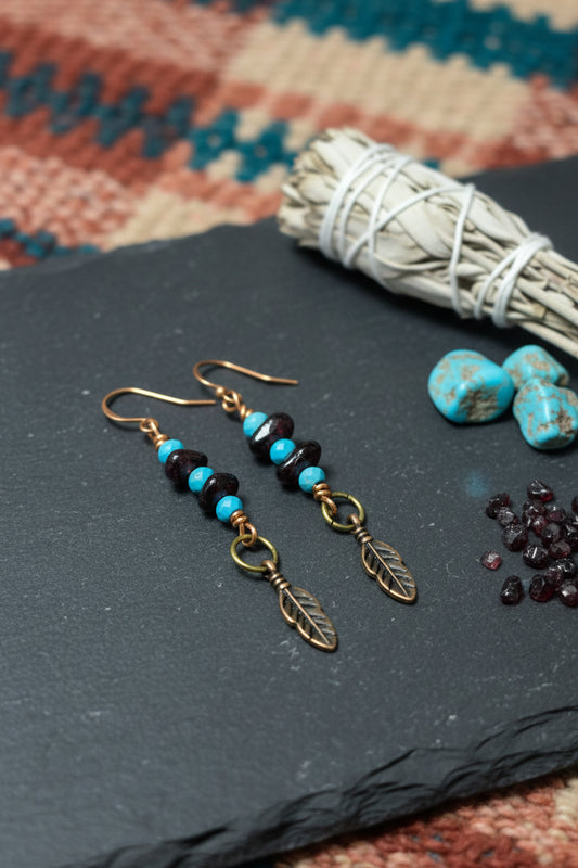 Garnet and turquoise earrings with a feather charm