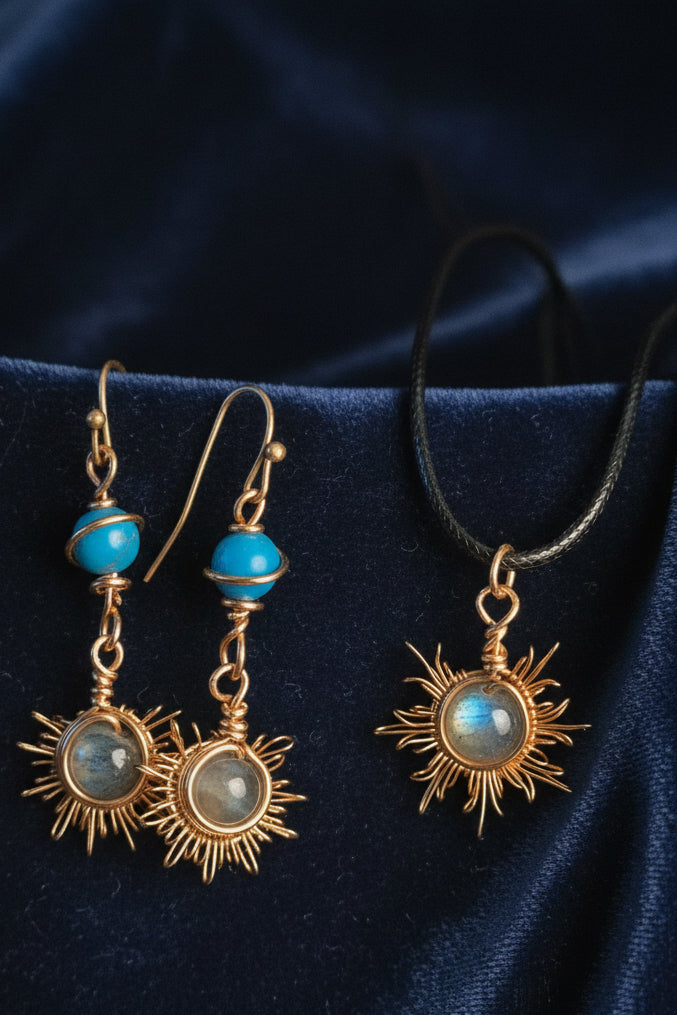 Labradorite and turquoise sunburst copper earrings and pendant